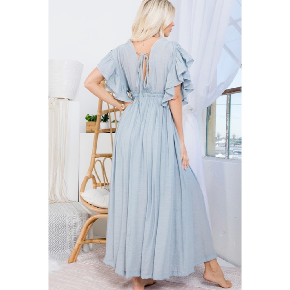 SOLD OUT Misty Blue Gauze Boho Button Short Slv Deep V Woven Gathered Maxi - Picture 7 of 7